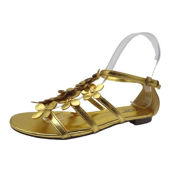 Unze London Zaif By Shalimar Women’s Gold Floral Flat Sandals, Size 5 - Picture 1 of 9